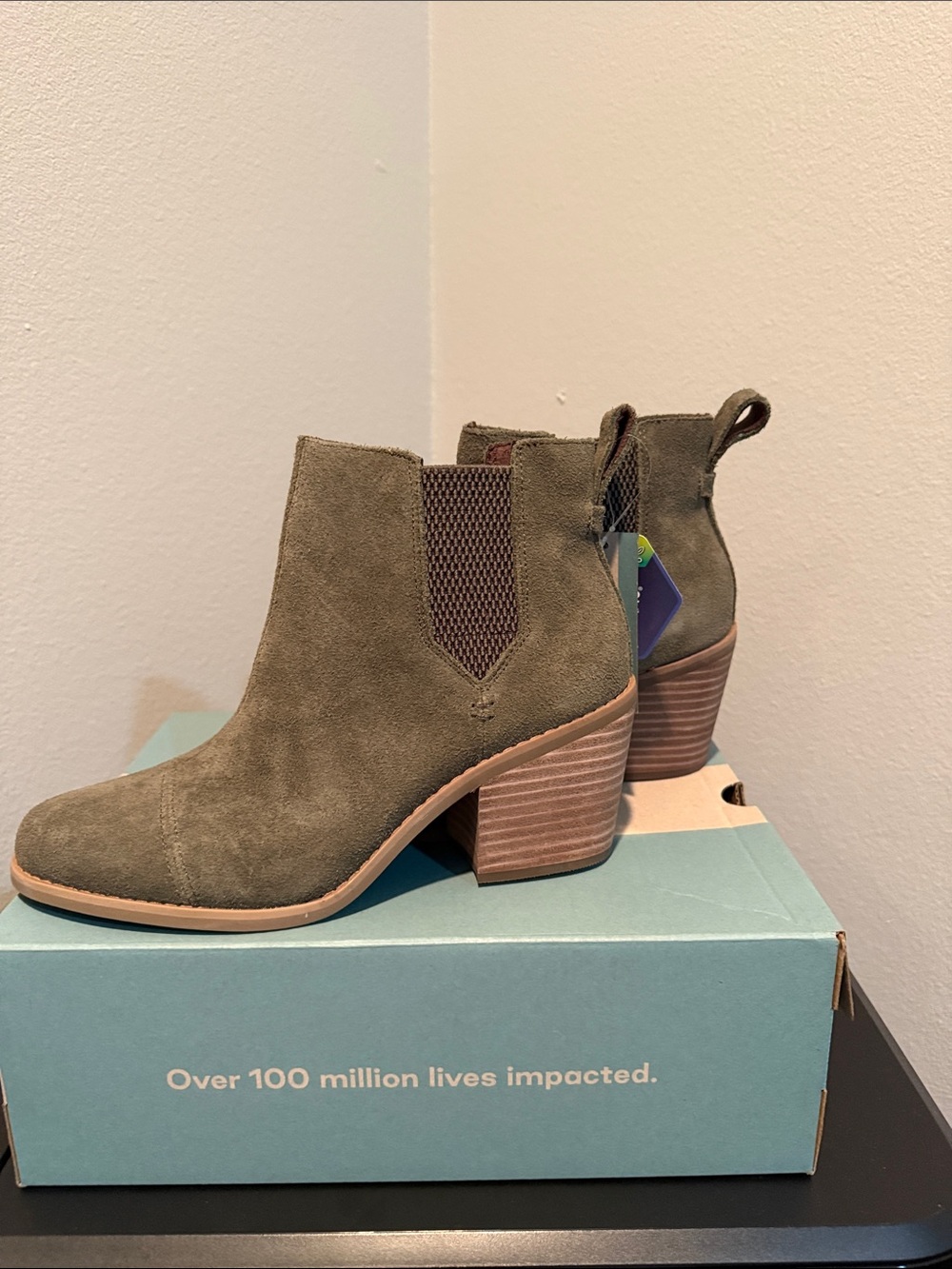 Toms Olive Suede Chelsea Booties with Stacked Heel